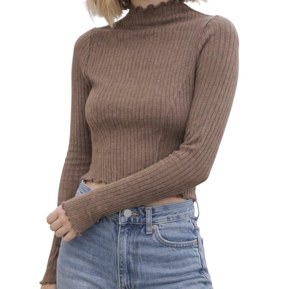 Altar'd State Ribbed Cropped Top Small Brown Lettuce Hem Long Sleeve Mock Neck